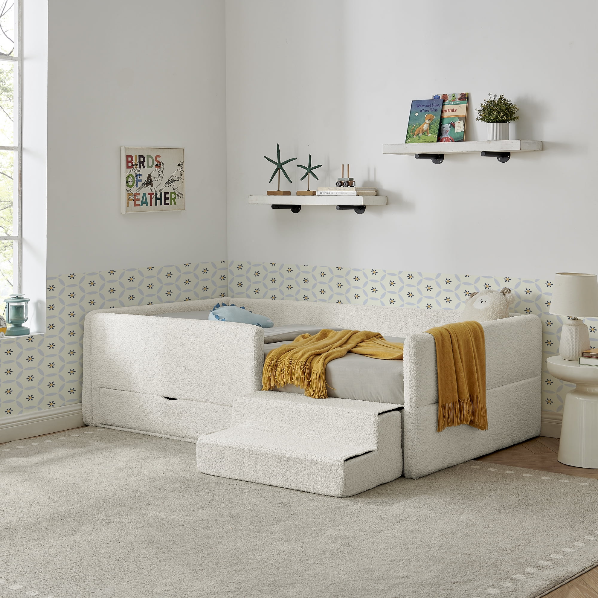 T-Joy Multi-Functional Kids Bed with Guardrails and Storage, Boucle Wooden Platform Bed with Safety Step Stool, Twin Size, Beige