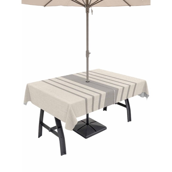 54x80 Inch Outdoor Tablecloth with Umbrella Hole Zipper Rectangle Grey Striped Rectangular Tablecloths Outside Waterproof Beige Geometric Modern Minimalist Patio Table Cloth Cover for Picnic Party