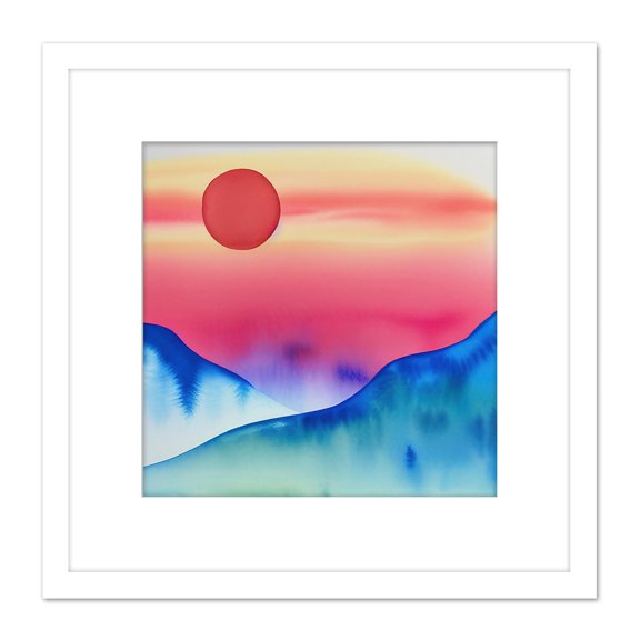 Landscape Red Sun Sunset Modern Watercolour Illustration Square Wooden Framed Wall Art Print Picture 8X8 Inch