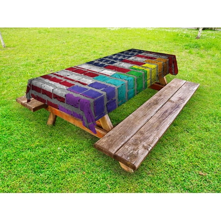 

Pride Outdoor Tablecloth Grunge Dark Brick Wall Background with American and Rainbow Flag Painted Together Decorative Washable Fabric Picnic Table Cloth 58 X 84 Inches Multicolor by Ambesonne
