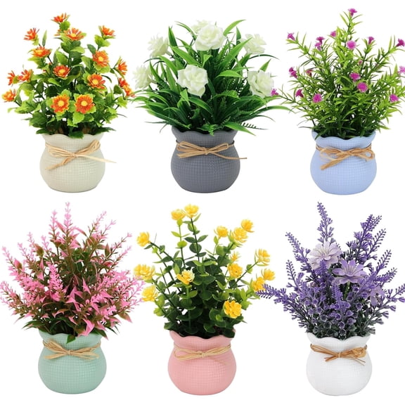 6PCS Artificial Flowers Pot Small Fake Plants with Mini Potted Plants for Home Office Bookcase Tabletop Centerpiece Decoration