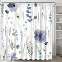 Watercolor Ink Floral Shower Curtain, Tan and Dark Blue Wildflower Bathroom Shower Curtain, Fabric Waterproof Shower Curtain with 12 Hooks, 72 x 72 Inch