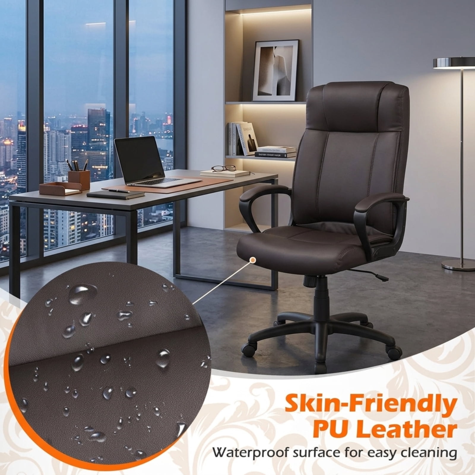 Furnibear Faux Leather Office Chair Computer Desk Chair with Rocking Function Padded Armrests Height Adjustable Swivel Seat and Casters, Brown