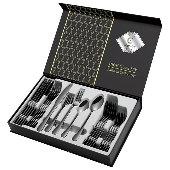 Black Silverware Set, 30-Piece Food Grade Stainless Steel Gold Flatware Set, Kitchen Utensil Set Service for 6, Tableware Cutlery Set for Home and Restaurant, Dishwasher Safe - Gift Box