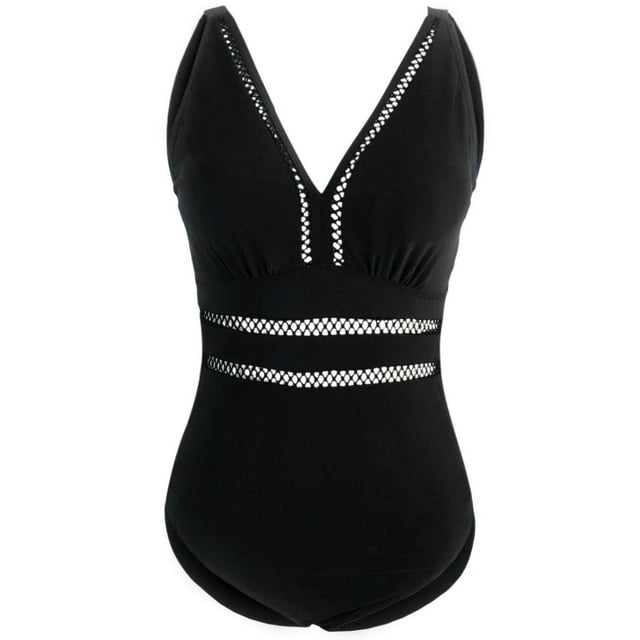 YFELWZ Women's Plus Size Swimsuit Solid Color Swimsuit Mesh Stitching Printed Swimsuit Bikini Black L