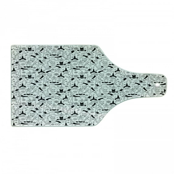 Yoga Cutting Board, Monochrome Poses from Eastern Technique East Stars Flowers Motifs, Decorative Tempered Glass Cutting and Serving Board, Wine Bottle Shape, Black White, by Ambesonne