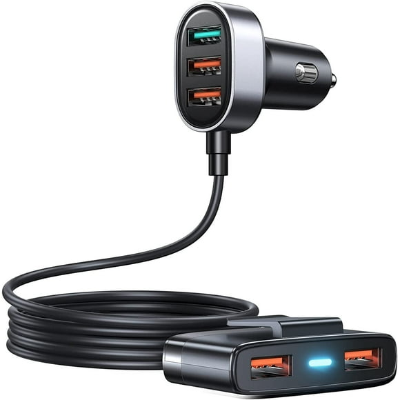 TOLLEFE 5-Port Fast USB Car Charger, 45W QC 3.0 Cigarette Lighter Car Charger Adapter for iPhone, Galaxy and More, with 5ft Cable for Front & Back S