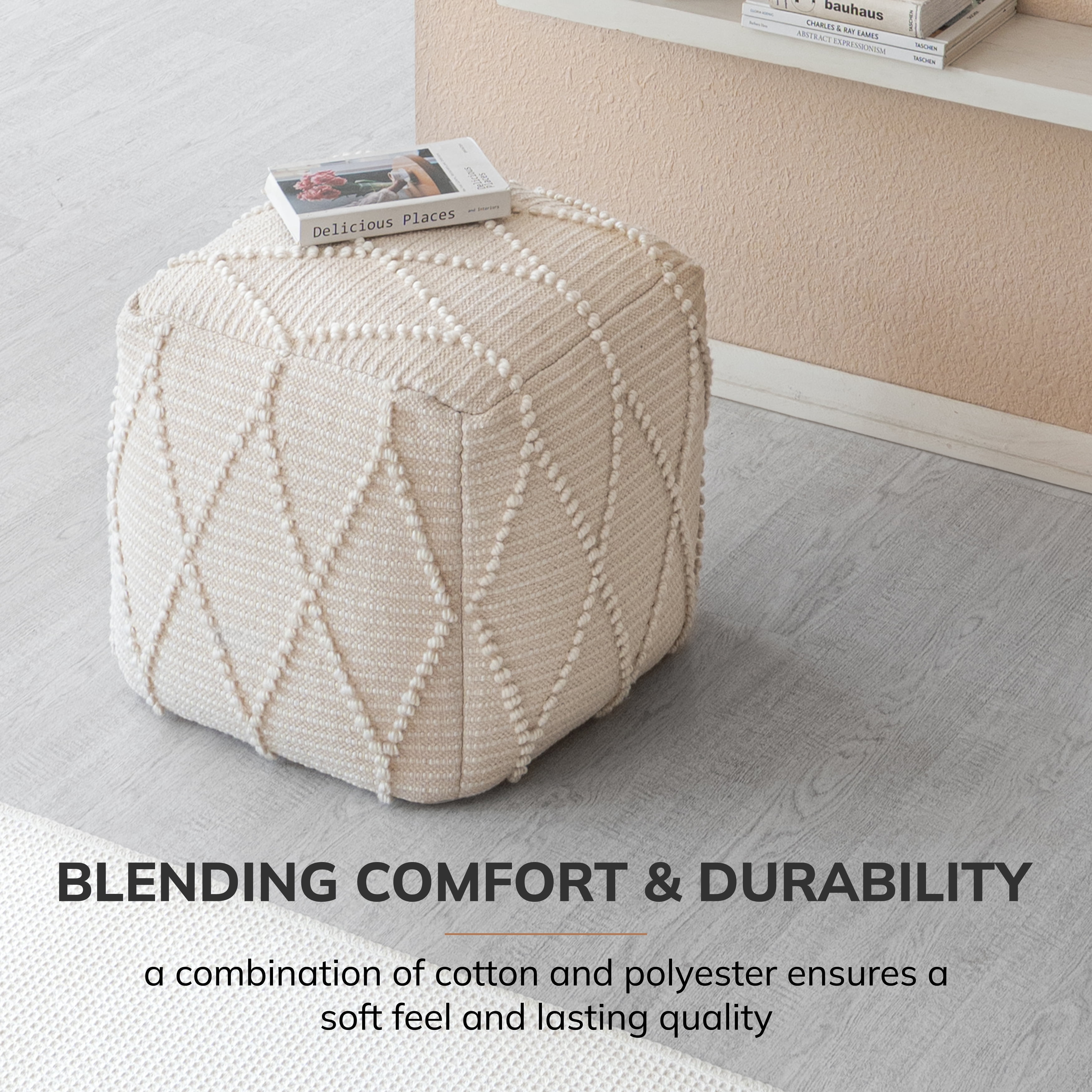 Anji Mountain Pouf Ottoman Foot Rest, Handmade Ottoman Pouf, Comfortable Foot Stool, Decorative Floor Seating for Living Room Decor, Bedroom & Home Décor Accent - Ivory