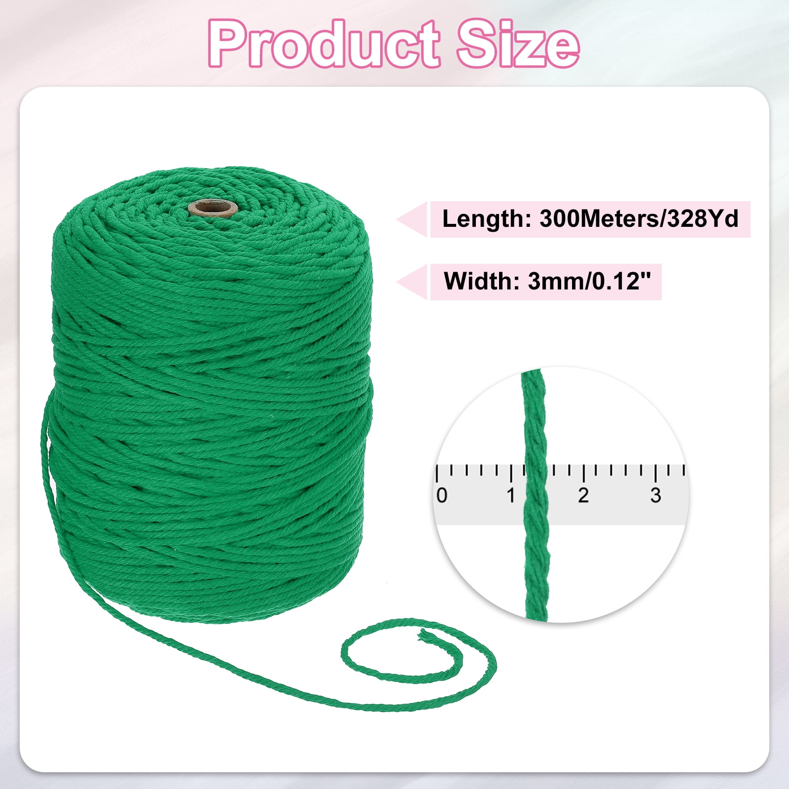 Uxcell Natural Macrame Cord 3mm x 328 Yards 4 Strand Twisted Cotton Macrame Rope for DIY Knitting Plant Wall Hanger Dreamcatcher, Emerald Green