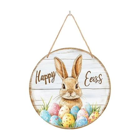 QianGlow Easter Wooden Door Sign with Rustic Bunny Design Spring Welcome Hanging Plaque for Front Door Porch Entryway Wall Decor Farmhouse Seasonal Decoration 20x20cm D
