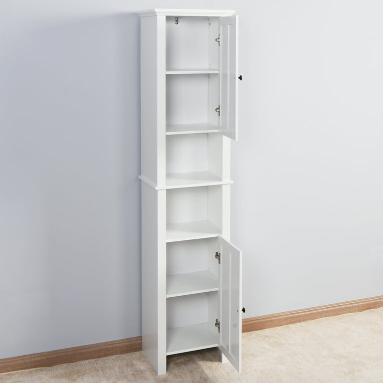 Spirich Home Tall Narrow Storage Cabinet, Bathroom Floor Slim Cabinet with  Glass Doors, Freestanding Linen Tower, White