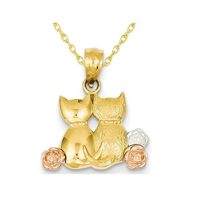 Collier Pendentif Deux Chats en Or Jaune 14 Carats avec Chaîne