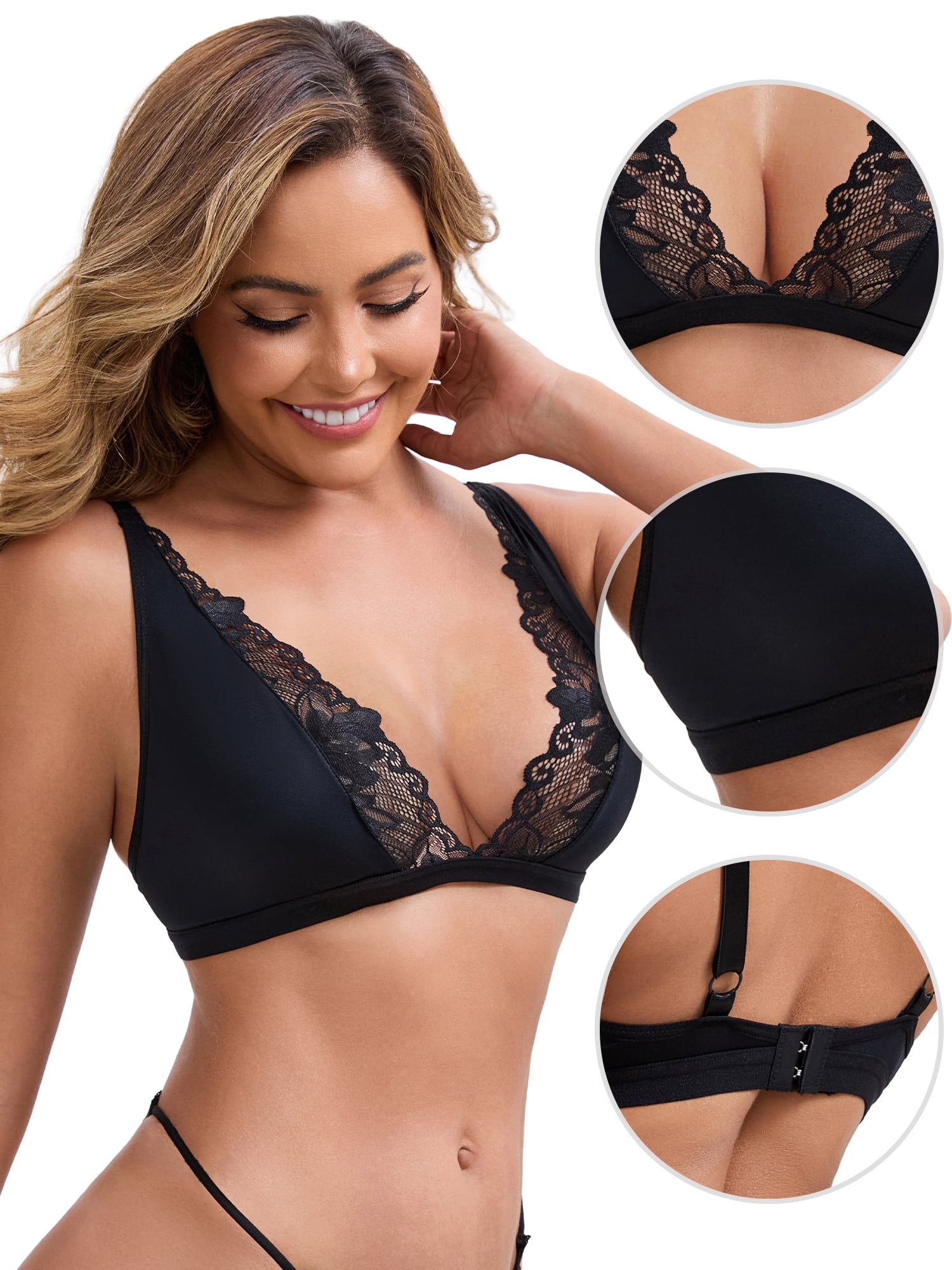 DARING DIVA Lace Bras Deep V Plunge Adjustable Straps Triangle Bralette XL Black
