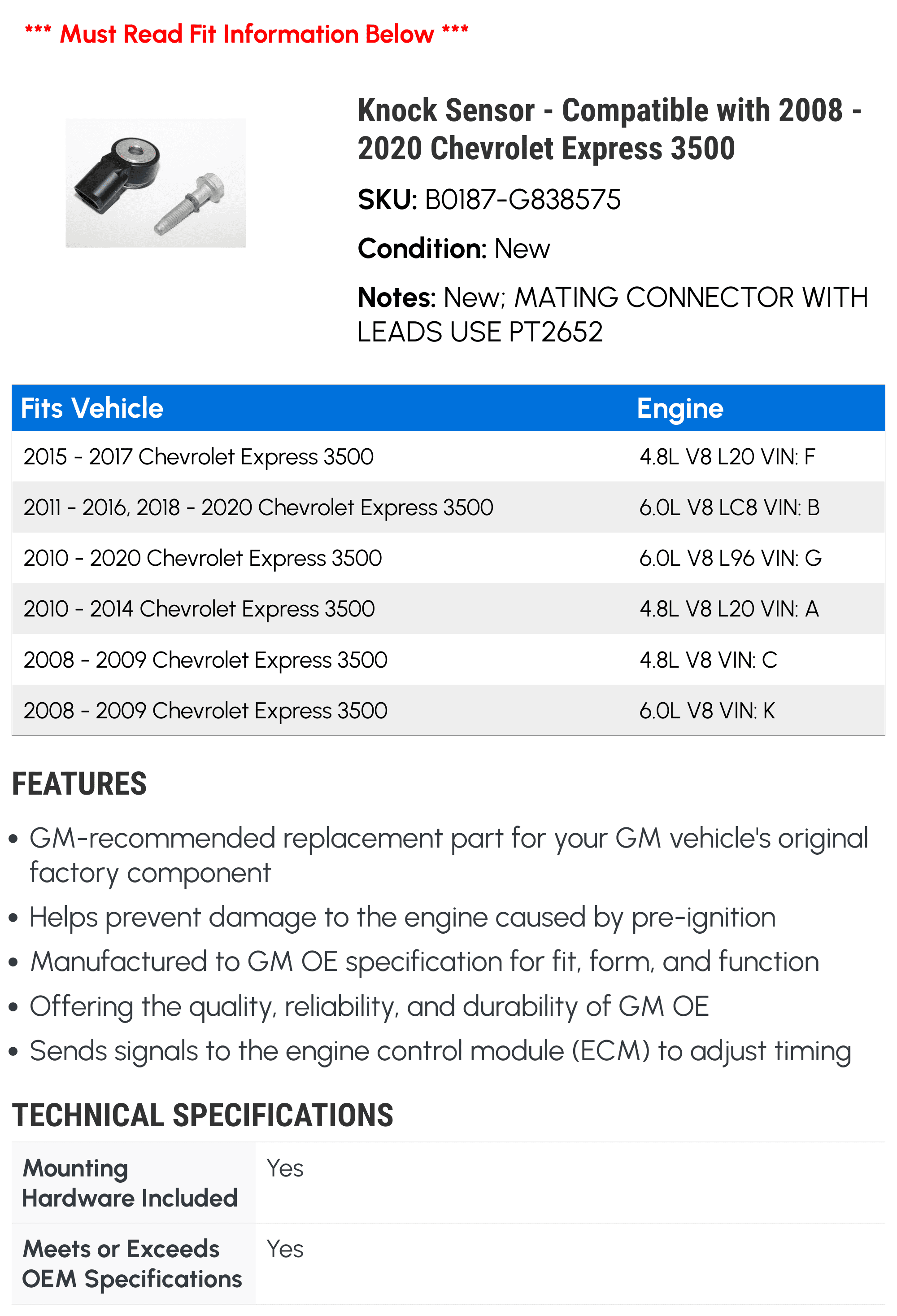 Knock Sensor - Compatible with 2008 - 2020 Chevy Express 3500 2009 2010 2011 2012 2013 2014 2015 2016 2017 2018 2019