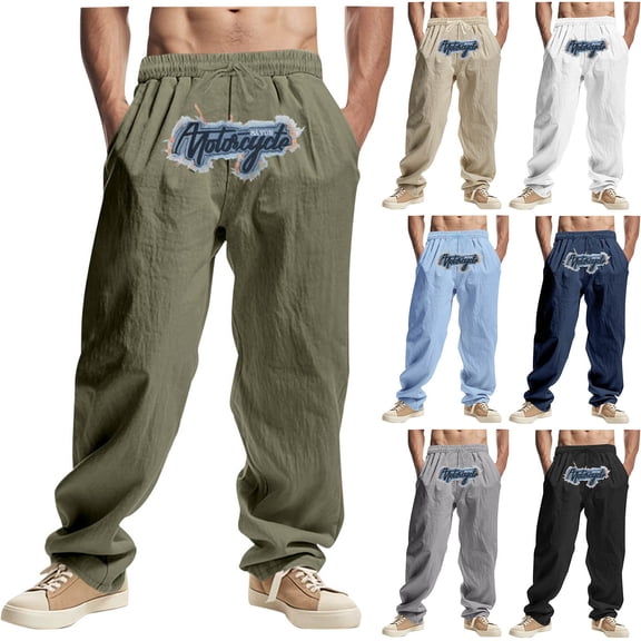 QIUOMBBP Men's Straight Leg Pants Drawstring Elastic Waist Casual Linen Pant Summer Loose Lightweight Outdoor Streetwear Khaki S