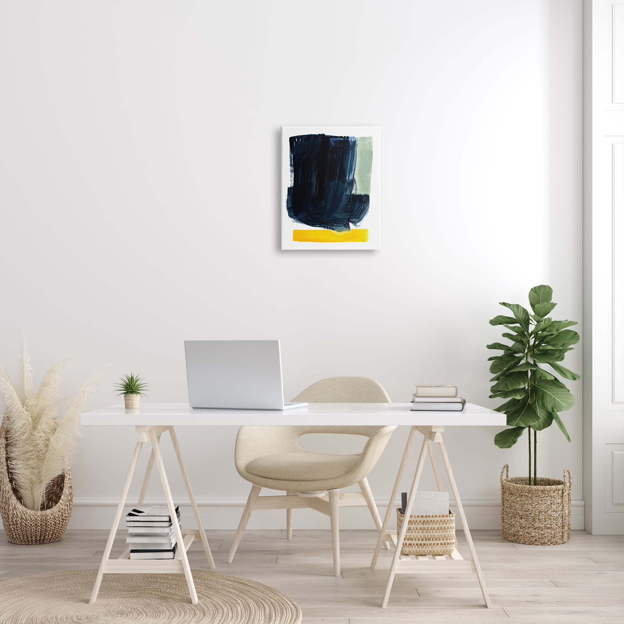 Stupell Industries Modern Blue Field Abstraction Contrasting Yellow Green Abstract Painting Gallery Wrapped Canvas Print Wall Art, 16 x 20