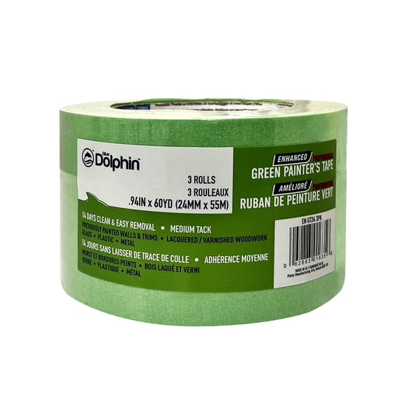 Blue Dolphin 14 Day Enhanced Green Painter's Tape .94" x 60yd (24mm x 54.8m) 3 pack