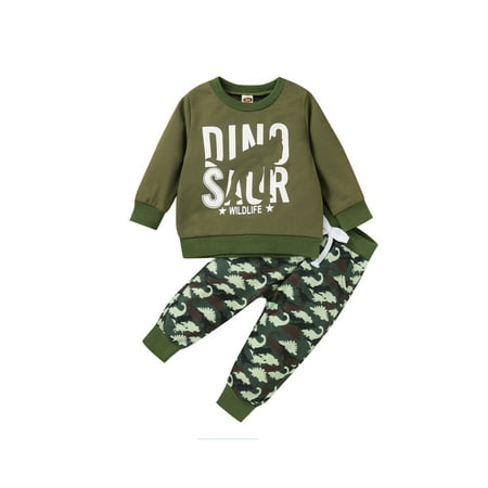 

0-24M Boys Casual Two-piece Clothes Set Letters and Dinosaur Printed Pattern Pullover and Pants