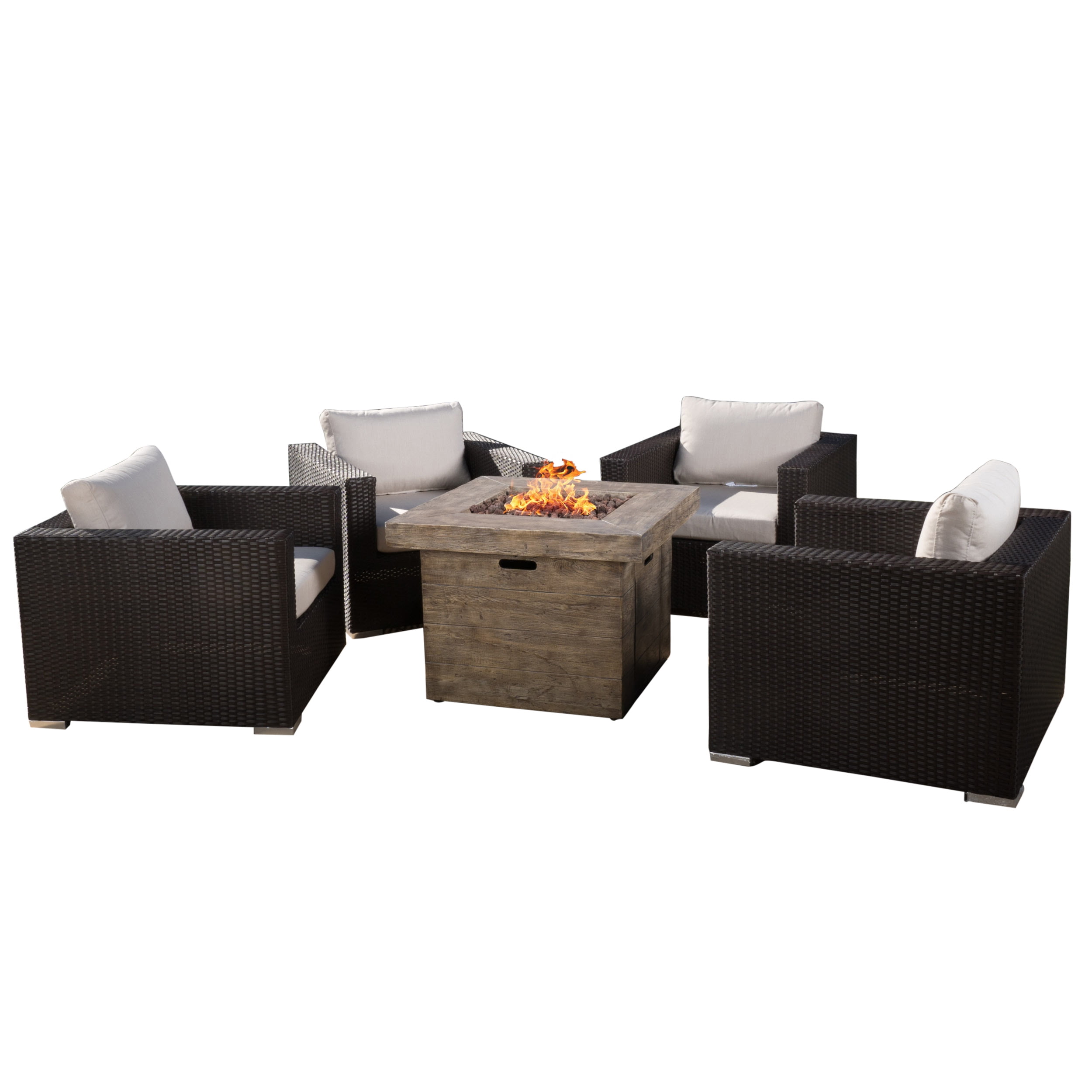 Soleil Outdoor 5 Piece Wicker Club Chair Set With Sunbrella Cushions And Square Liquid Propane Fire Pit