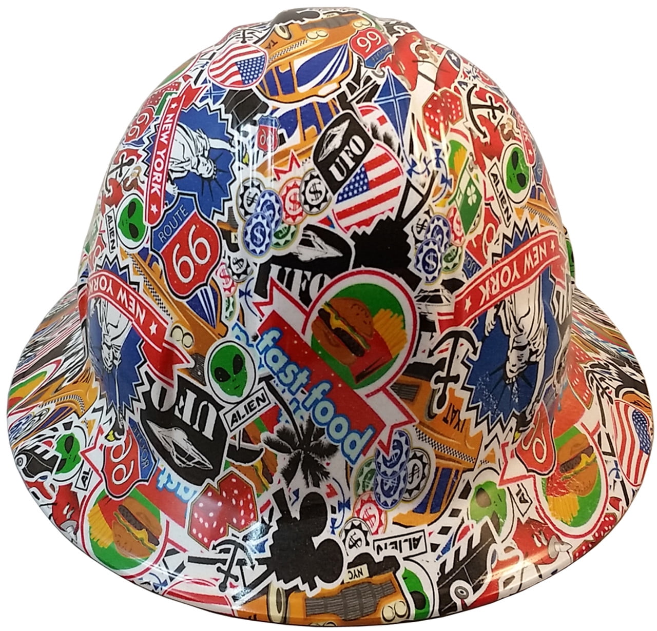 Route 66 Sticker Bomb Hydro Dipped Hard Hats, Full Brim Design with 4 Pt Suspension