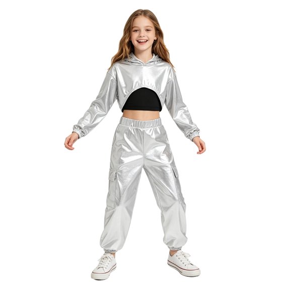 SiiRoh Kids Girls Hip-hop Jazz Dance Outfit Long Sleeve Metallic Cropped Hoodie Top with Vest Cargo Pants for School Show Street Dance Silver Black 16