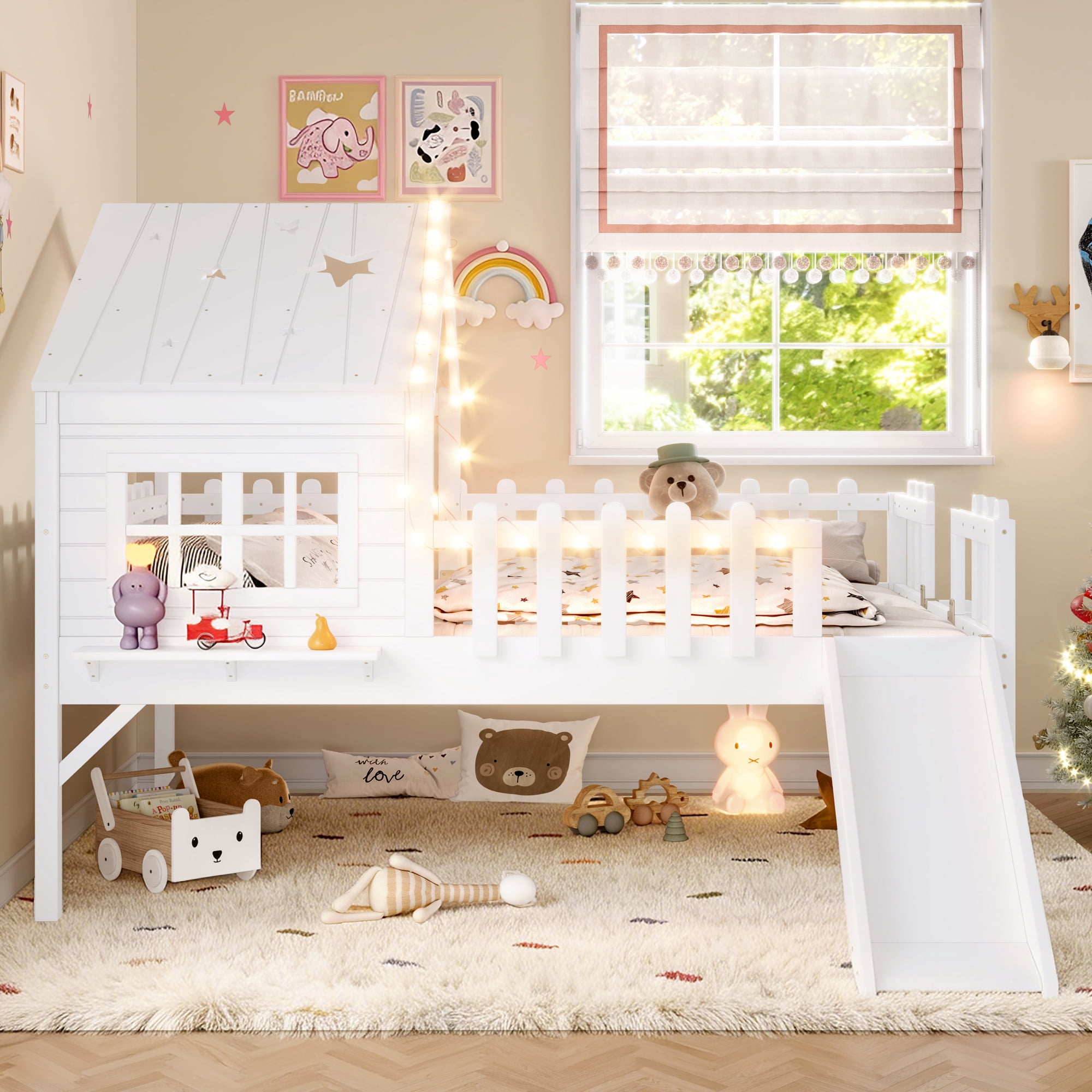 Mintazer Full Size Kids House Loft Bed with Slide & LED Lights, Modern Playhouse Bed with Star Shaped Designs & Ladder, No Box Spring Needed, White