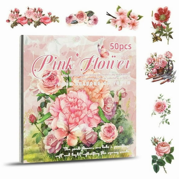 Flower Sticker, Scrapbooking Supplies for Adult Junk Journal 50 Sheets, Transparent Stickers and Material Paper Pink,1 * Flower Sticker set,Pink