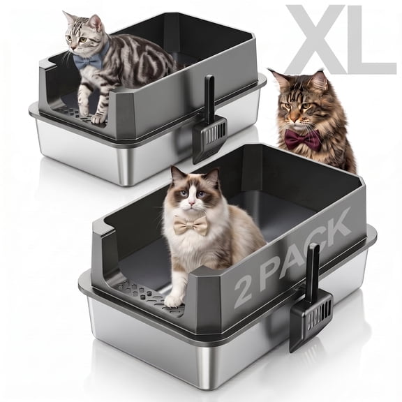 Siooko 2 Pcs Extra Large Stainless Steel Litter Box, 2 Pcs XL Cat Litter Boxes for Big Cats and Multiple Cats, Metal Litter Box with High Sides/Metal Scoop/Mat, Easy to Clean, Dark Gray