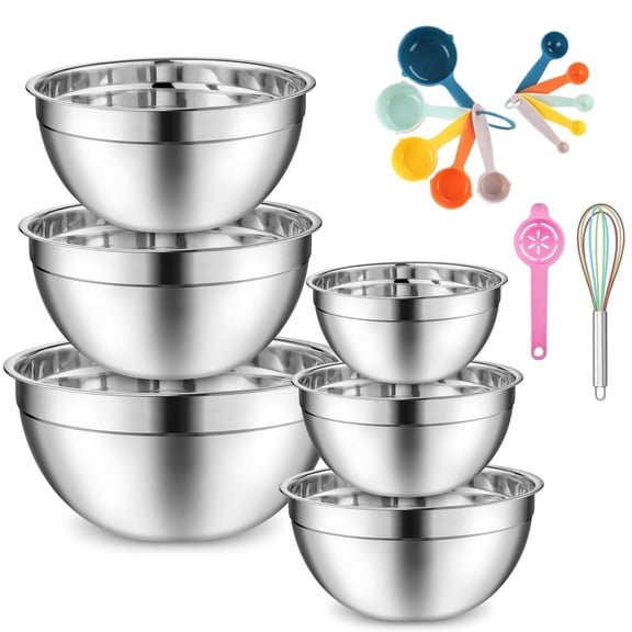 Vesteel Mixing Bowls Set, Stainless Steel Nesting Salad Bowls Attach Measuring Spoons and Cups, Egg Whisk & Egg Separator for Mixing Cooking Baking, Size 4.6/2.6/2/1.5/1/0.7 QT