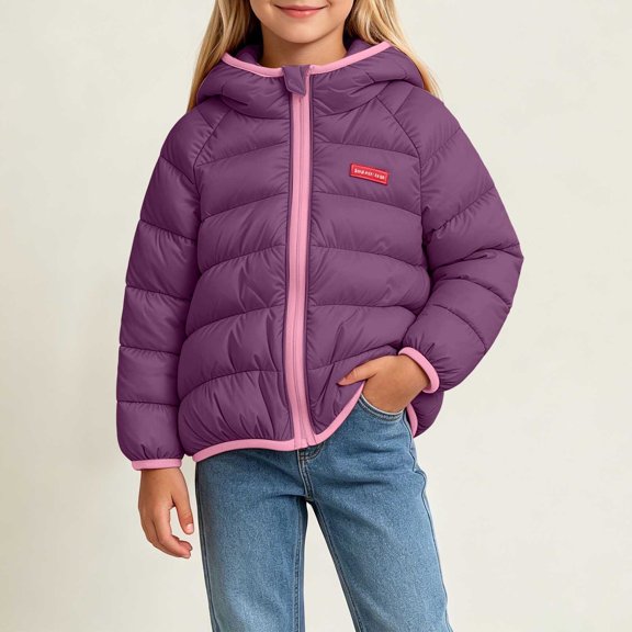 vokkrv Girls Kids Color Block Zip Up Hooded Puffer Jacket, Windproof Lightweight Warm Outerwear, Fashion Casual Quilted Coat for Daily Outdoor Wear Purple 5-6 Years