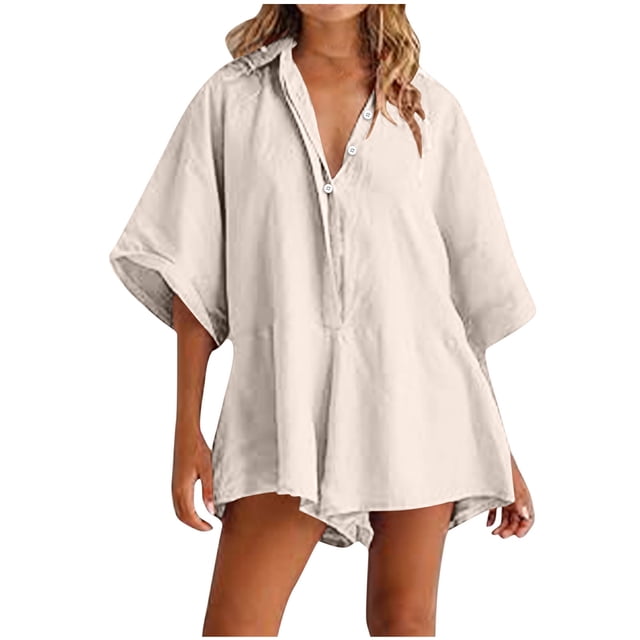 Yuyuzo Women Jumpsuit V-Neck Half Button Collared Rompers Short Sleeve Oversized Lightweight Overalls