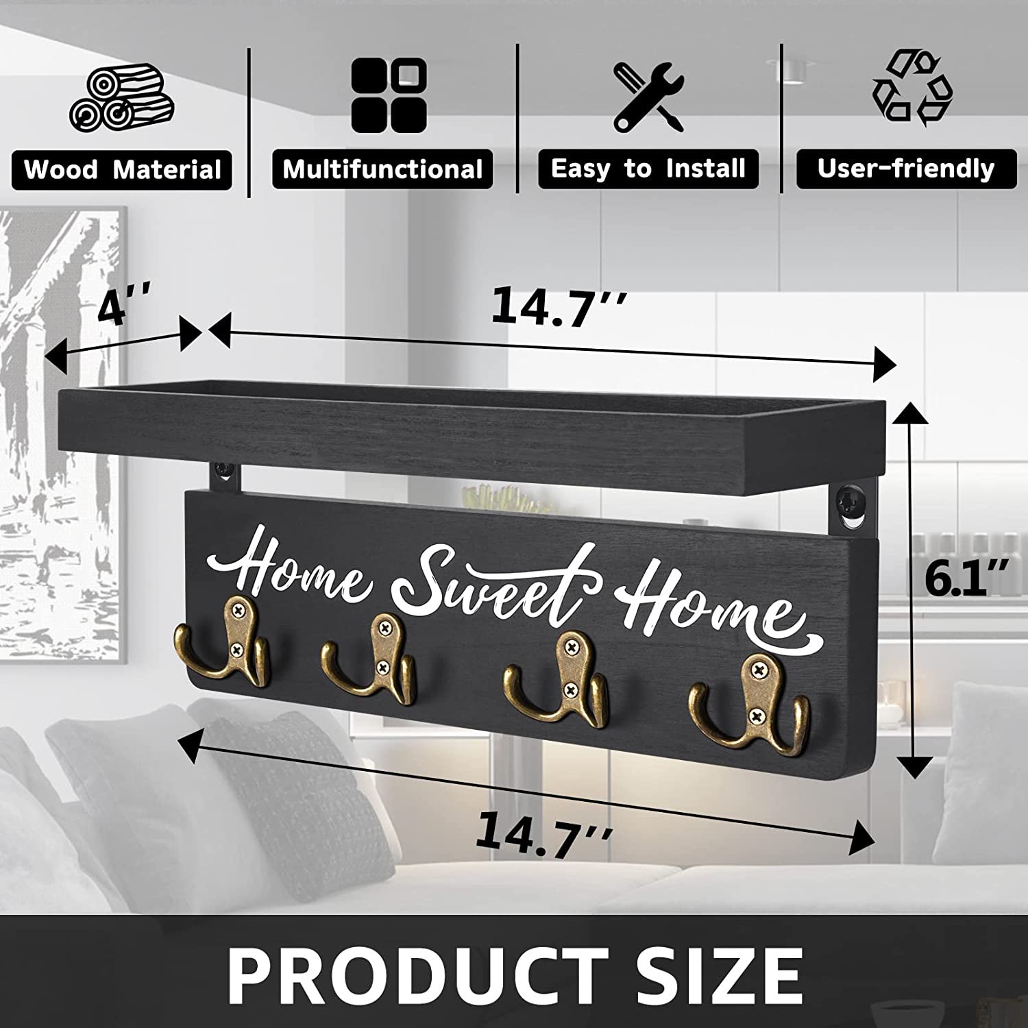 Key Holder for Wall, Dinosam Mail Organizer Wall Mount with Double 4 Key Hook and Mail Holder, Designer Key Rack Suitable for Entryway, Hallway, Bedroom, Living Room and Office，Black