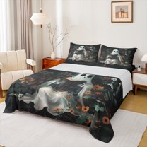 Manfei Halloween Ghost Kids Queen Sheet Sets, Horror Spooky Skull Flat Sheet, Rustic Groovy Flower Queen Fitted Sheet, Lightweight Room Decor, 4-Piece