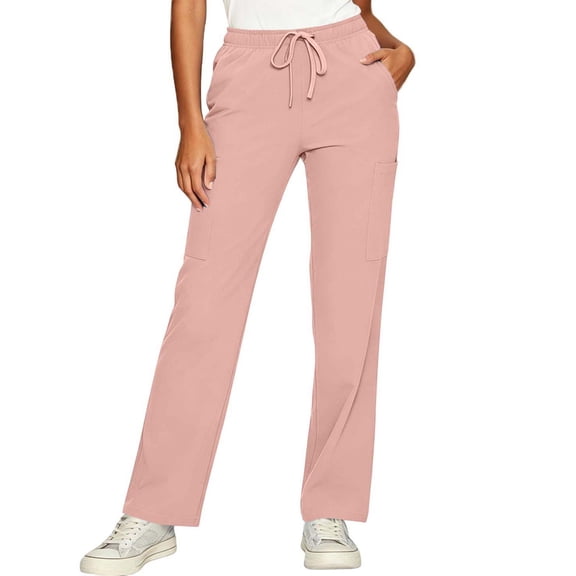 TEAJOPSUU Scrub Pants for Women Strethcy Solid Color Elasitc Waist Multi-Pockets Caregiver Pants Work Nurse Pants Pink