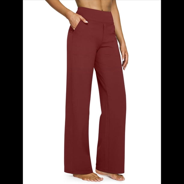 Pantalones de Yoga para Mujer, de Pierna , con Bolsillos, Cintura Alta, Elásticos, Informales, Deportivos. Vino Tinto XL