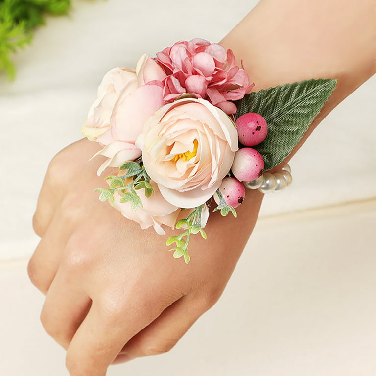 Rose Pearl Wrist Corsages Wristband Hand Flowers for Wedding Bridesmaid  Bridal Shower Prom Party Wrist Flower Stretchable Wedding Bracelet Crystal