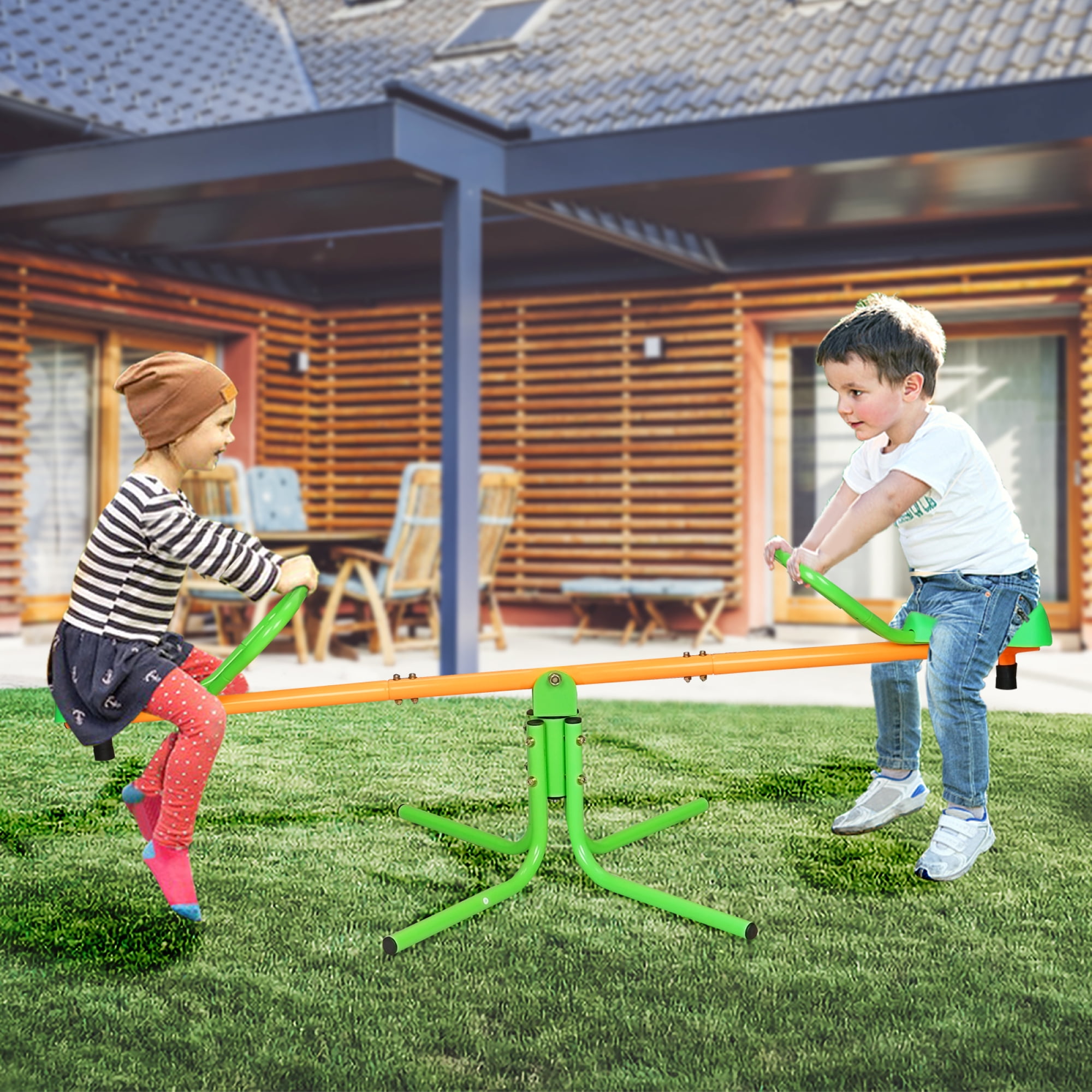 Leumius Teeter Totter Seesaw for Kids,Outdoor 360 Degrees Rotating Playground Equipment for 3-6 Years Old Kids,Green