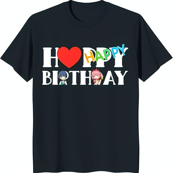Colorful 'Happy Birthday' Graphic Tee with Cartoon Characters & Heart Black T-Shirt