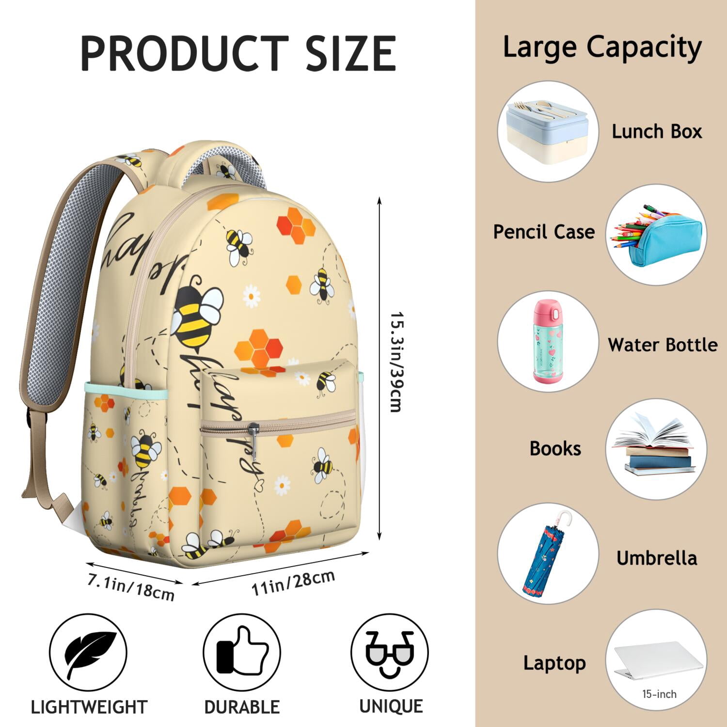 Bees & Leaves Backpack&nbsp;- Eco-Friendly School Bag for Students, Lightweight & Water-Resistant, Multiple Pockets, Comfortable Carry, Bee Themed Gift