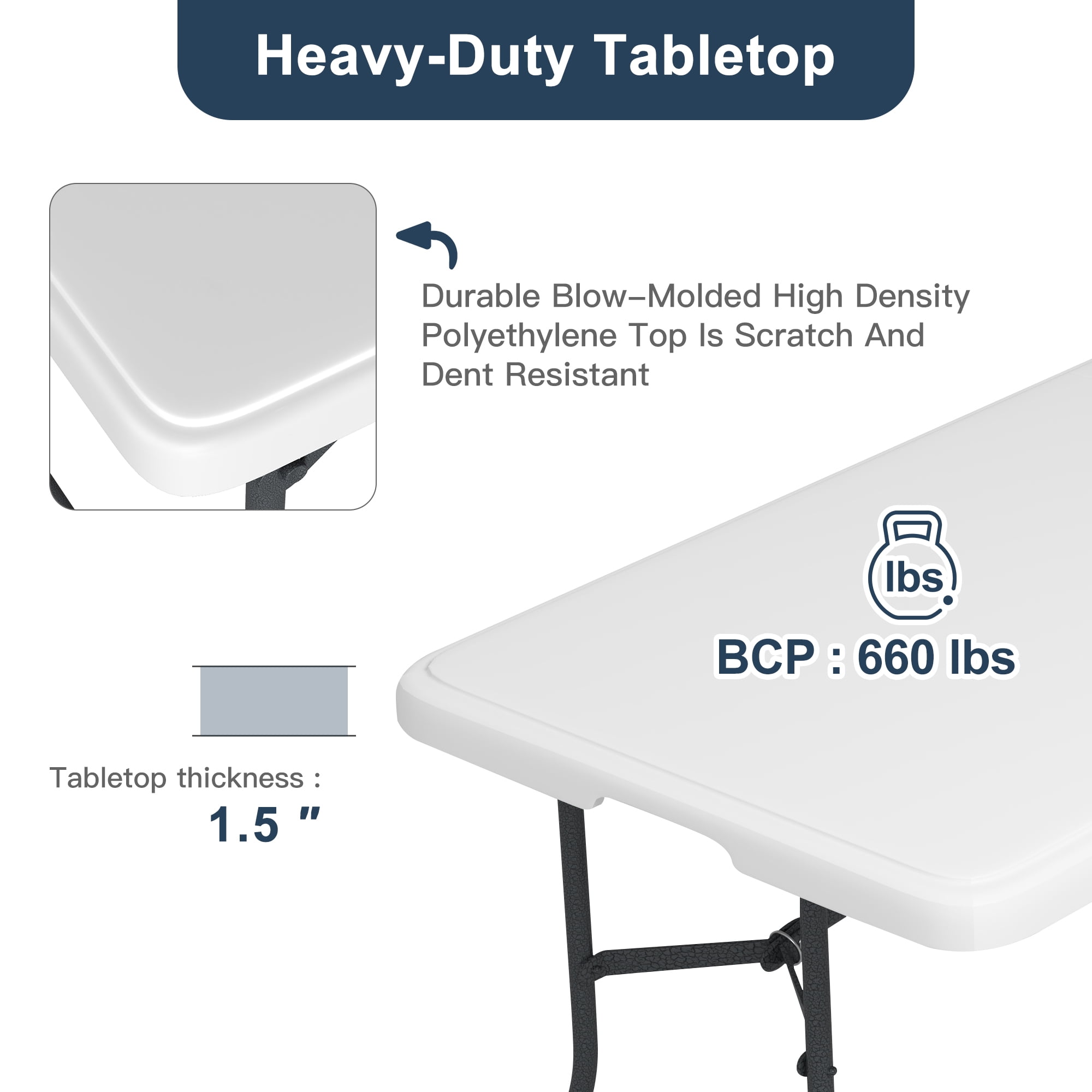 Demi Bonn 71.6"x29" Plastic Folding Table, Multipurposedoor Outdoor Duty Portable Rectangle Table with Handle, Lock for Picnic, Party, Camping, White