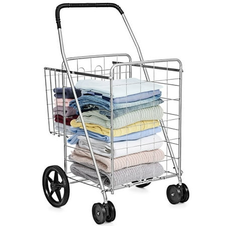Spaco Folding Shopping Cart for Laundry with Swiveling Wheels and Dual Storage Baskets-Sliver Heavy Duty Collapsible Utility Cart with Wheels for Storage Laundry Luggage