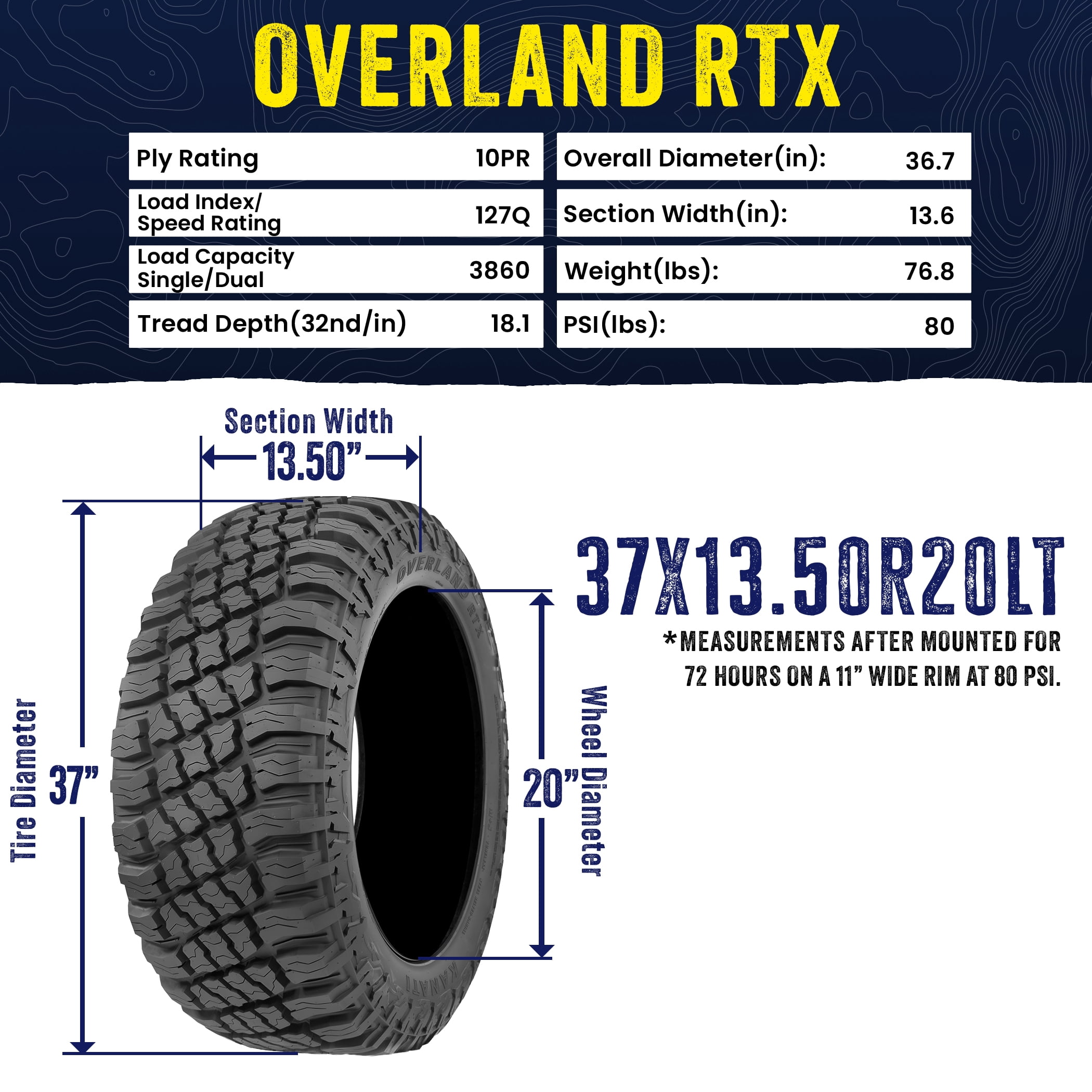 Kanati Overland RTX Rugged Terrain 37X13.50R20LT - 10 PLY (Tires