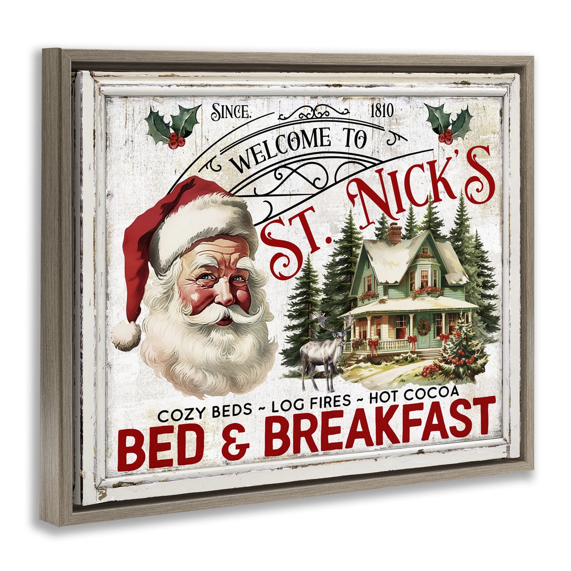 Stupell Industries St Nick's Bed & Breakfast Holiday Painting Brown Floater Framed Canvas Art Prints Wall Art, 31 x 25