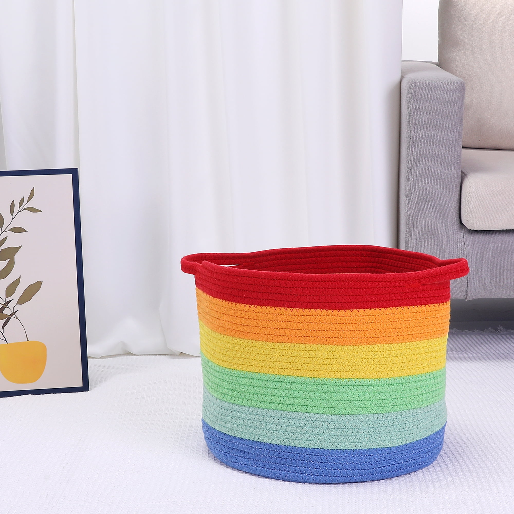 Unique Bargains 1pk Woven Storage Basket with Handle Shelf Storage Bin for Clothes Rainbow