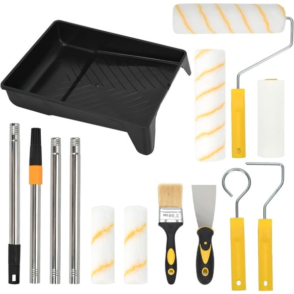 Paint Roller Kit with Extension Pole, 13-Piece DIY Painting Tool Set with 9 Inch & 4 Inch Microfiber Roller Covers, Paint Brush, Tray, Scraper & Adjustable Pole for Walls, Ceilings & Trim
