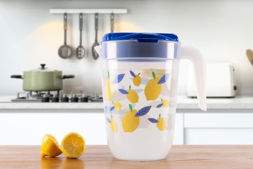 Mainstays Plastic PP 1 Gallon Pitcher with Blue Color Lid Lemon