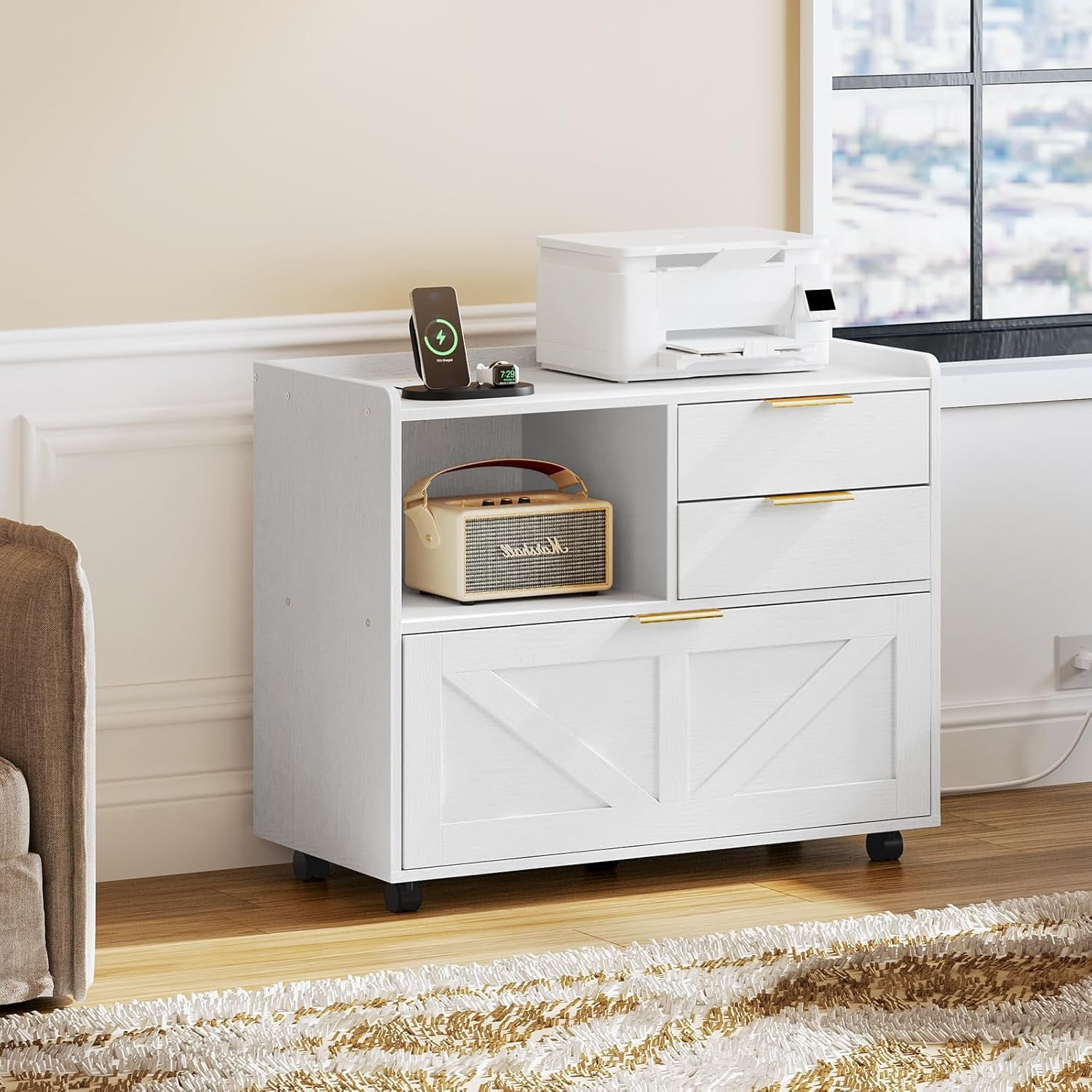 HOOBRO Rolling Wooden Lateral File Cabinet with Charging Station, Printer Stand & Open Storage, White