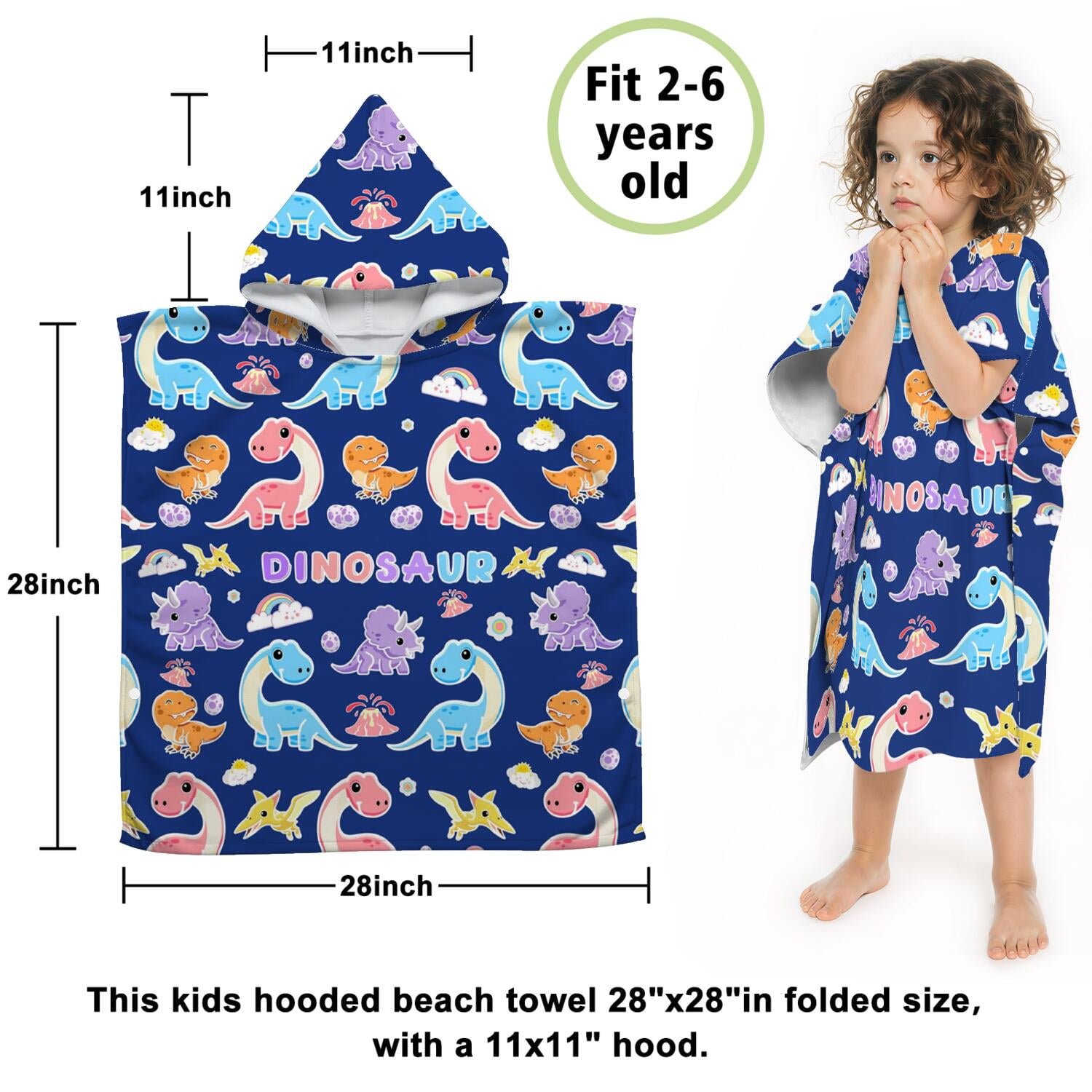 Hooded Kids Beach Towels - Toddler Bath Towel Girls Boys Swimming Cover-ups for Ages 2 to 6 Kids Pool Towels Quick Dry Lightweight Soft Microfiber Poncho Towel 28x28 (Dinosaur Pattern)