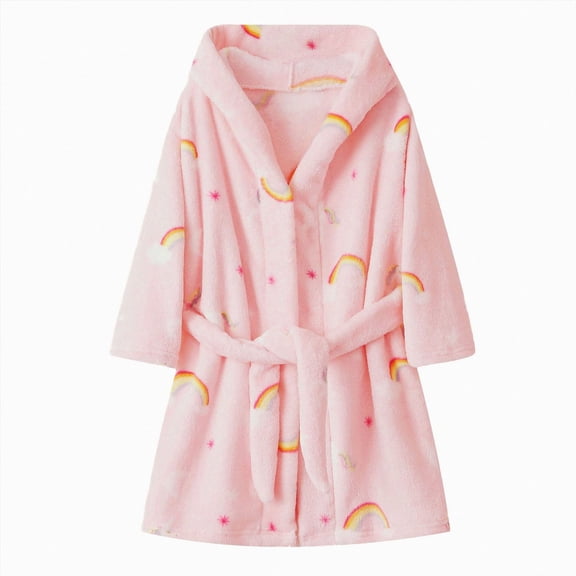 Gibobby Children's Plush Coral Fleece Bathrobe,Cozy Hooded Robe with Belt,Cute Print,for Kids Toddlers 1-7 Years,Warm After-Bath Loungewear Toddler Pajamas,Hot Pink,Size 1-2T