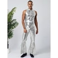 thumbnail image 3 of TiaoBug Men's Shiny Metallic 70s Rave Outfits Jazz Hip Hop Dance Unitard Sleeveless Disco Party Rompers Silver M, 3 of 5